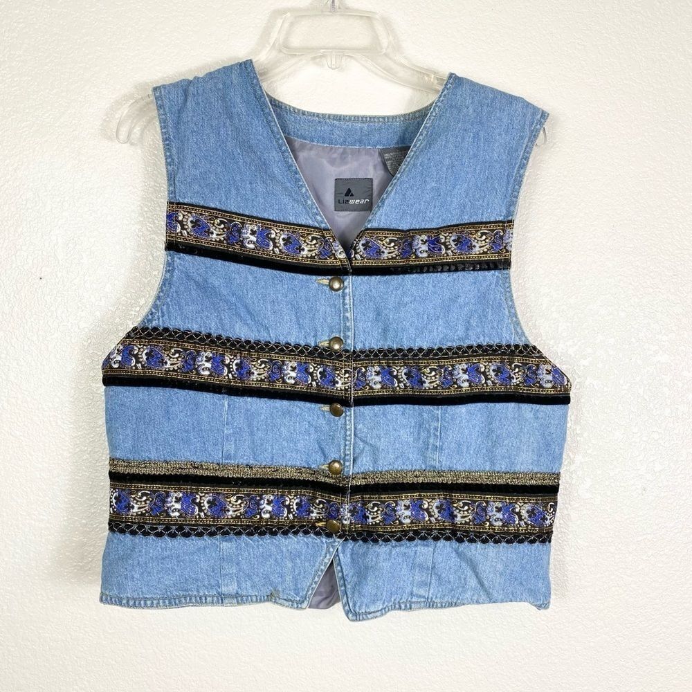 Vintage Liz Wear Paisley Striped Embellished Denim Vest